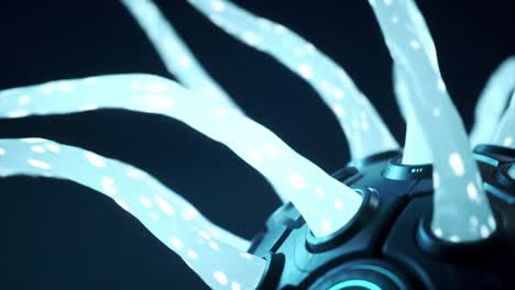an intricate exploration of an otherworldly orb with radiant tentacles, displaying a fusion of technology and ethereal design in a dark environment