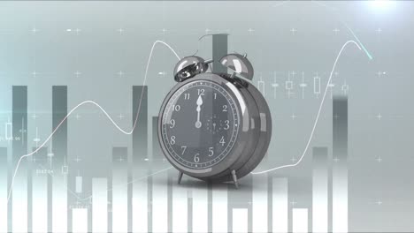 animación del despertador que suena a las doce horas sobre estadísticas y procesamiento de datos financieros