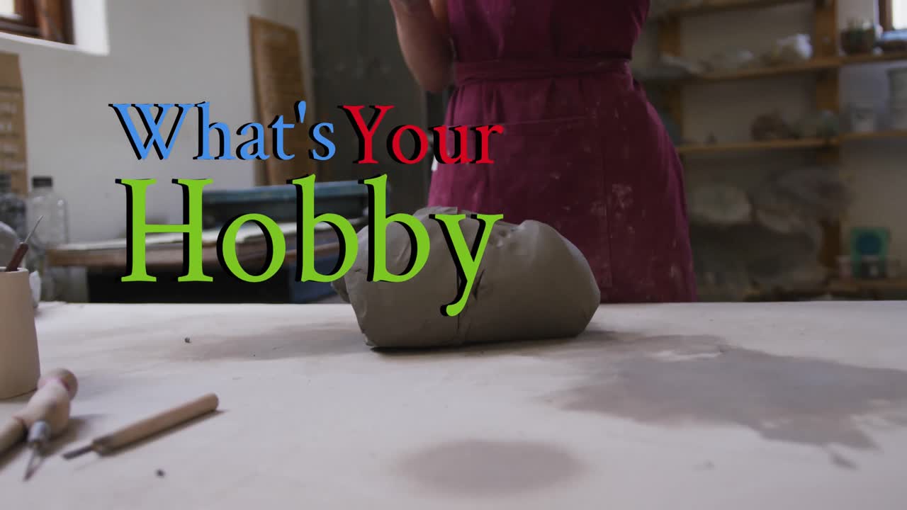 Composite video of what's your hobby text against mid section of female potter working on clay