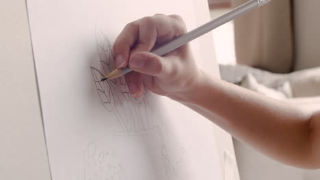 close up view of a girl's hands drawing a plant on a lectern in