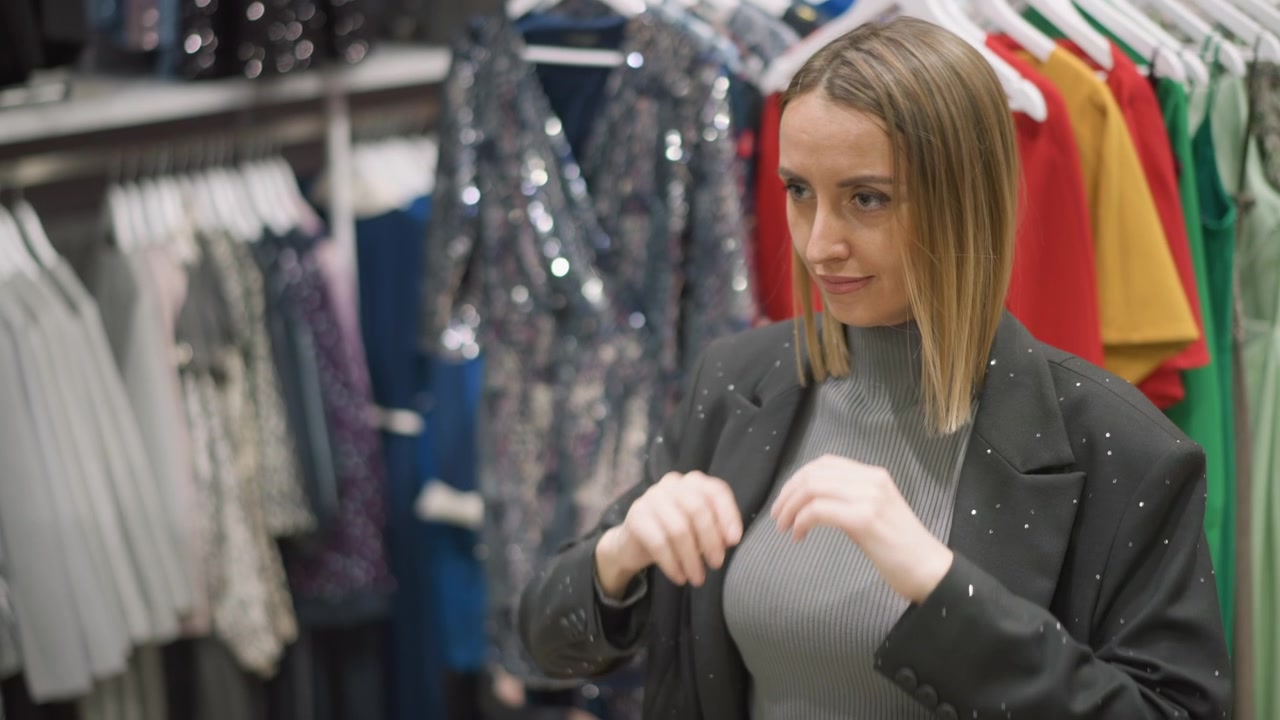 Donna prova un blazer nero in un negozio di abbigliamento, sistemando la giacca e posando mentre si guarda. La donna indossa un dolcevita a costine grigio sotto un cappotto aperto con vari capi colorati appesi.