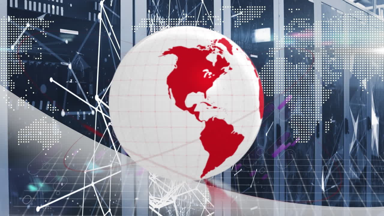 컴퓨터 서버를 통해 세계 지도와 연결된 지구와 네트워크의 애니메이션