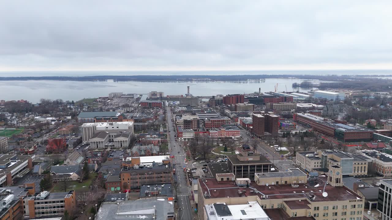 Aerial of Erie, PA's Bayfront in the winter.