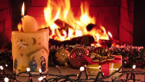 christmas fireplace in living room home with candle decoration and lights