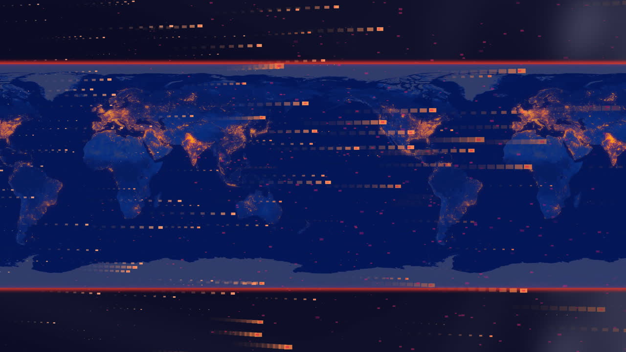 Animation of orange data trails processing over blue world map and black borders