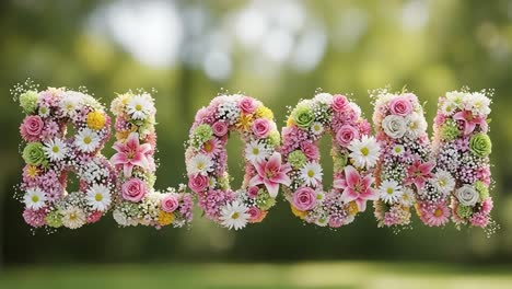 beautiful floral arrangement spelling 'bloom' with vibrant colors and lush flowers in a lively outdoor setting, celebrating nature's beauty and abundance