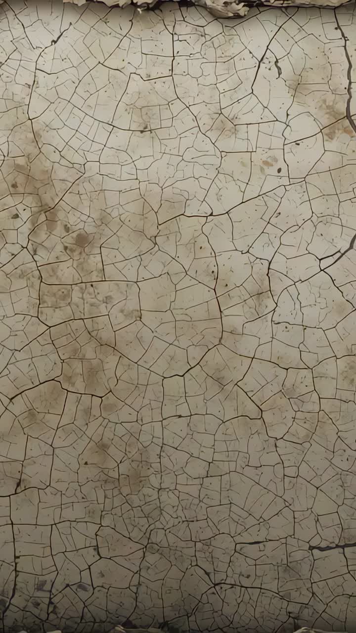 Vertical video: Shifting camera revealing plaster wall near ceiling, exposing craquelure and stains