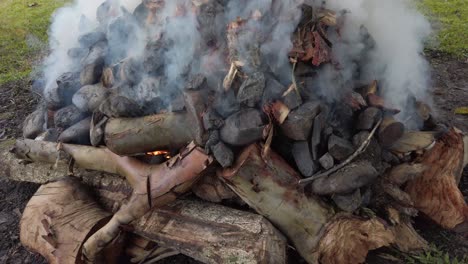 fogata calentando rocas para cocinar mumu en papúa nueva guinea