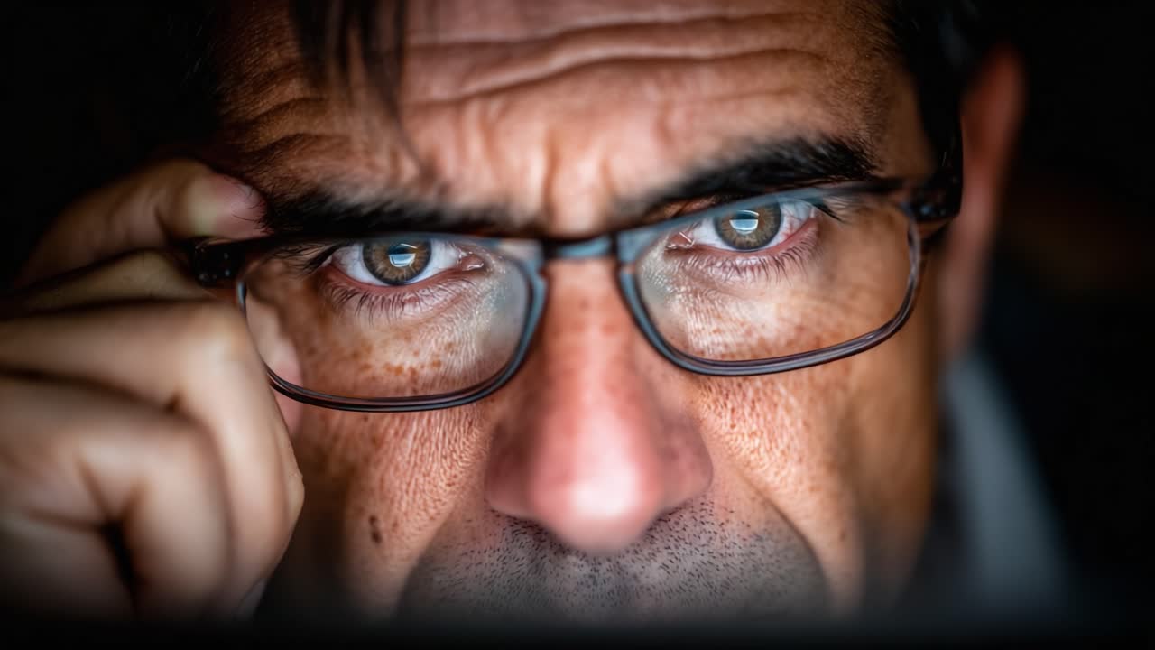Intense Focus: A Close-Up of a Man Wearing Glasses Deep in Thought, Capturing the Essence of Concentration and Reflection in a Moment of Contemplation