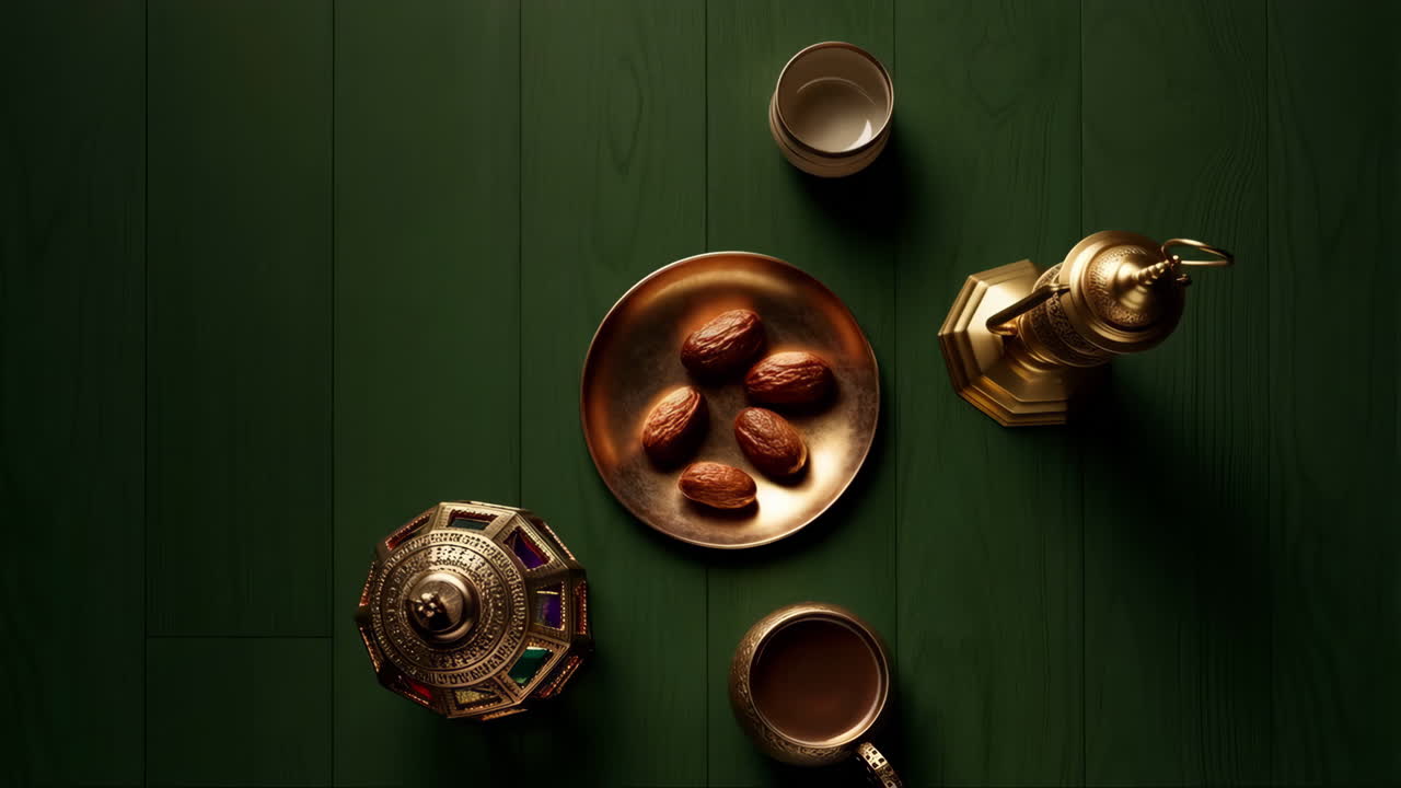 Ramadan or Eid Celebration Arrangement with Dates, Golden Lanterns, and Cups on a Green Surface