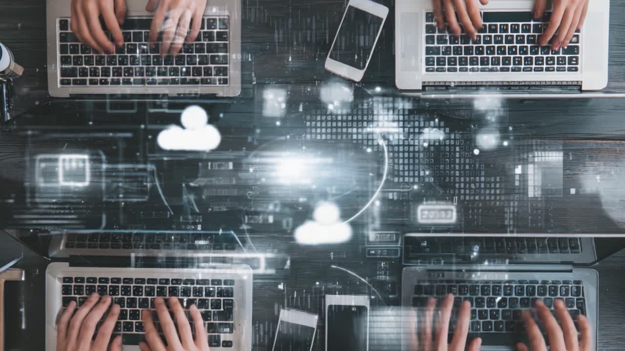 A Collaborative Digital Workspace: Team Members Engaged in Data Analysis and Communication Over Laptops with Advanced Technology Interfaces