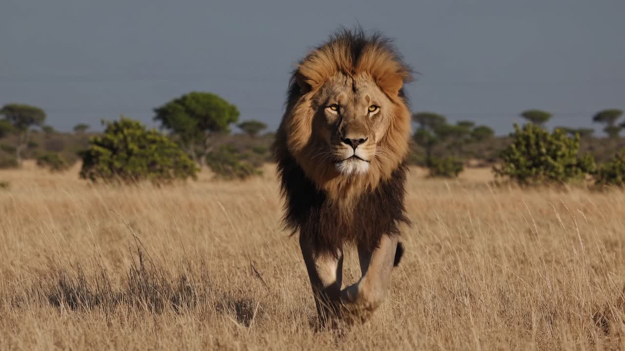 A majestic lion strides through the savannah, captured from a low-angle perspective