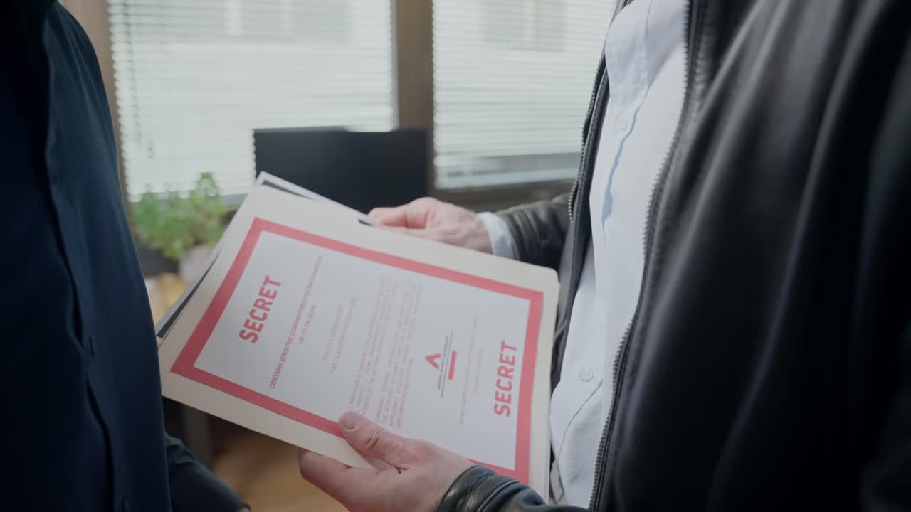 man pulls out a confidential paper from a secret folder and discreetly hands it over. Subtle exchange and intentional, secrecy, trust, covert communication. classified information, investigations.