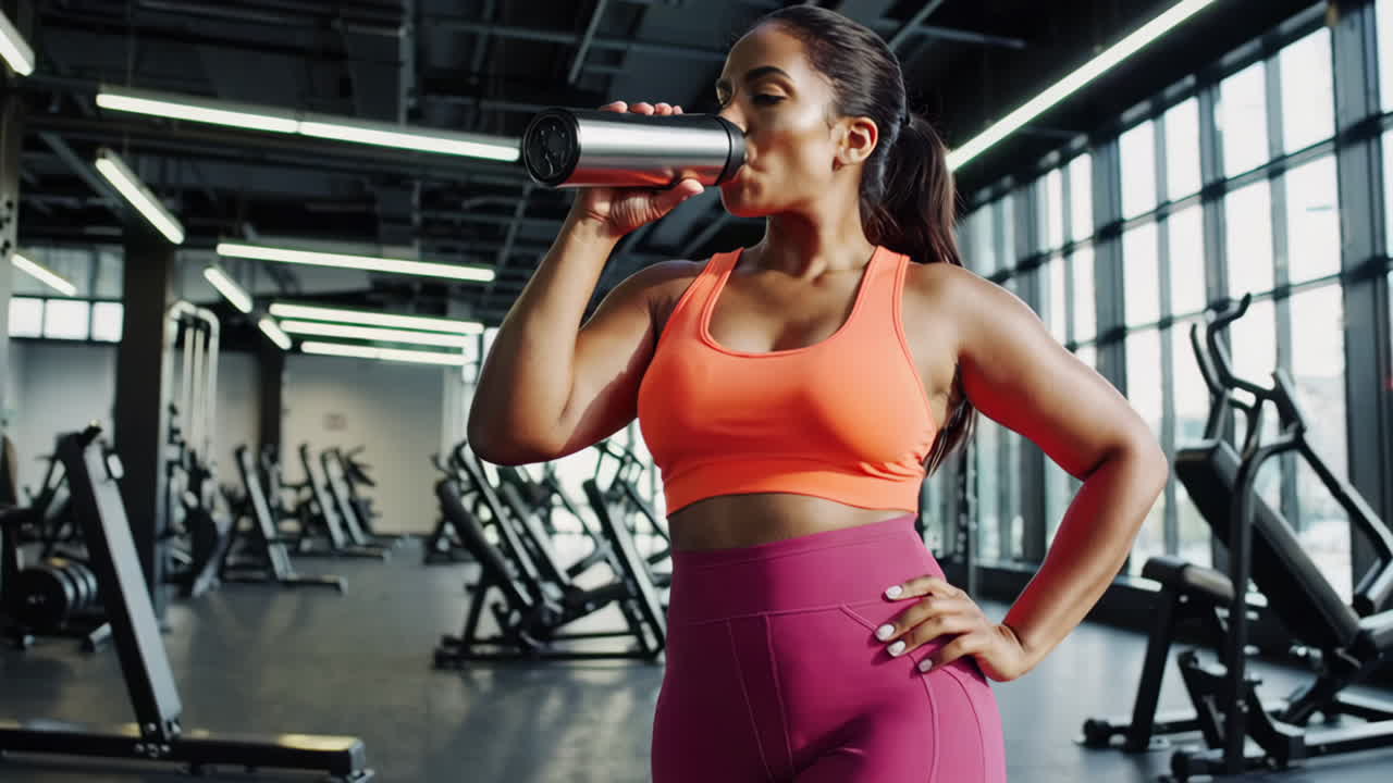 Woman drinking water in the gym