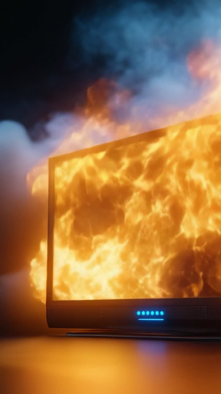 Flammer der bryder ud fra et fjernsyn, omgivet af røg, der fanger det intense øjeblik af ildens raseri og ødelæggelse i en dramatisk scene