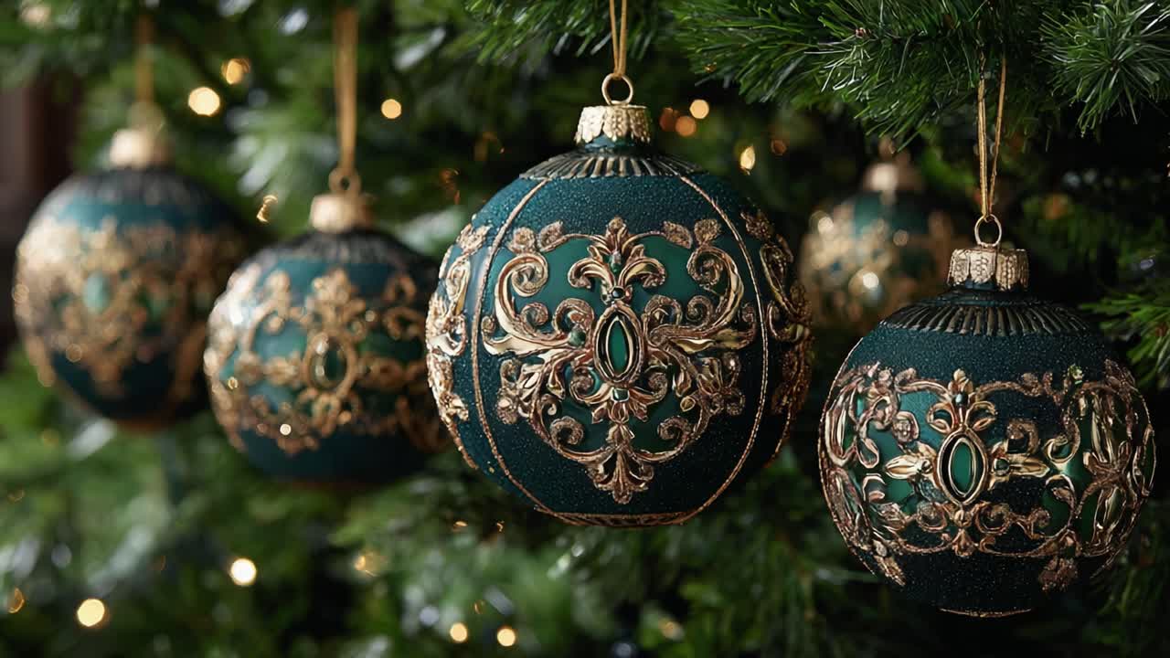A Stunning Display of Ornate Christmas Ornaments Featuring Intricate Gold Designs and Touches of Green Elegance Hanging on a Festive Christmas Tree