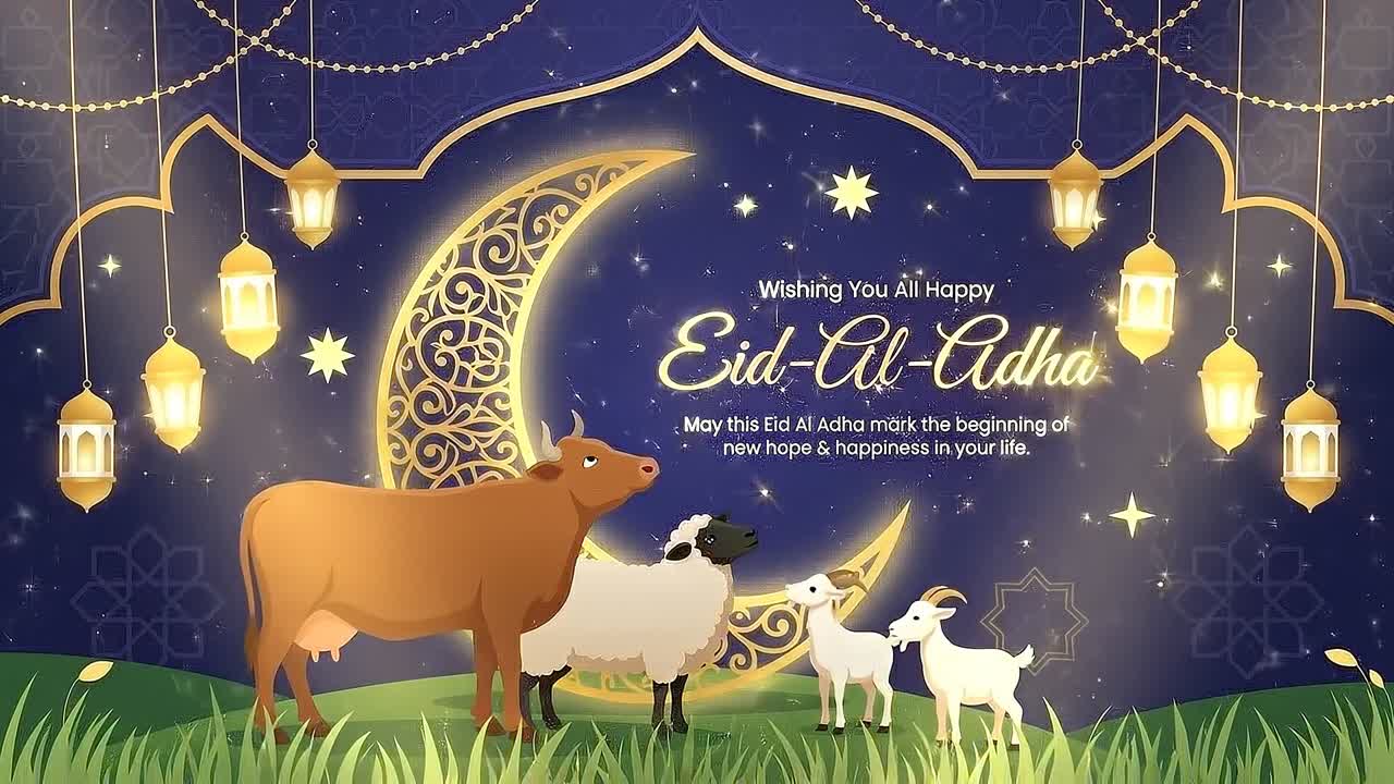 Auguri animati per Eid Al Adha con un ragazzo che alza le mani accanto a una pecora sotto lanterne e un cielo notturno con luna crescente.