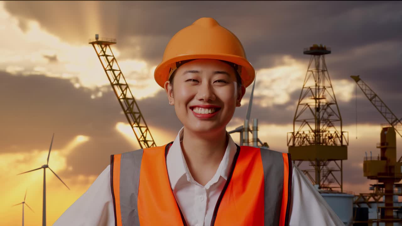 Female Engineer at Oil Rig Sunset