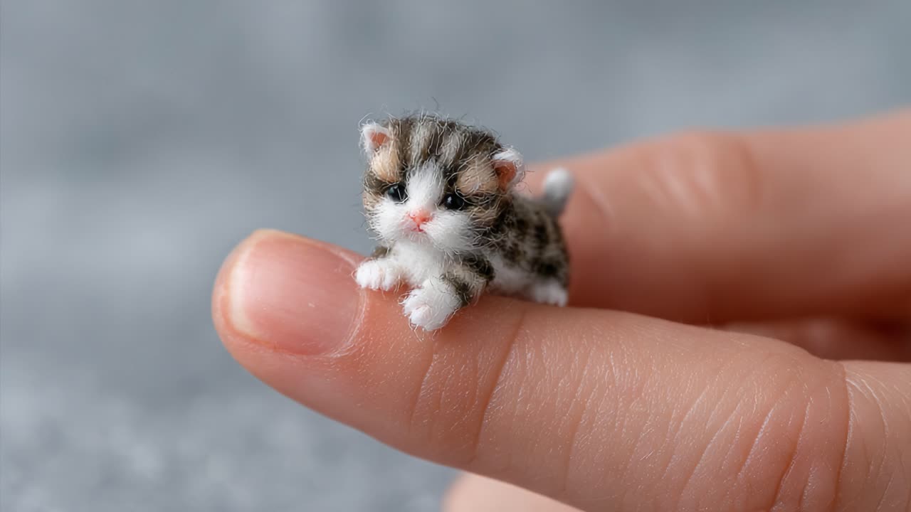 Adorable Miniature Kitten Balancing on a Finger, Capturing the Playful Charm and Delicate Features of an Irresistible Figurine in a Close-Up Moment
