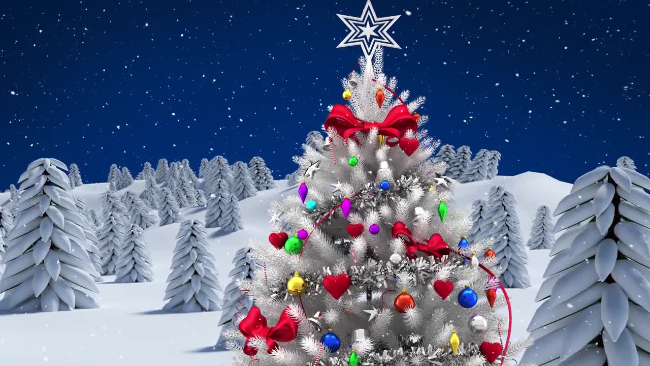 animación de paisaje de invierno con árbol de navidad sobre fondo azul