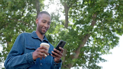 Park,-texting-and-man-relax-with-coffee