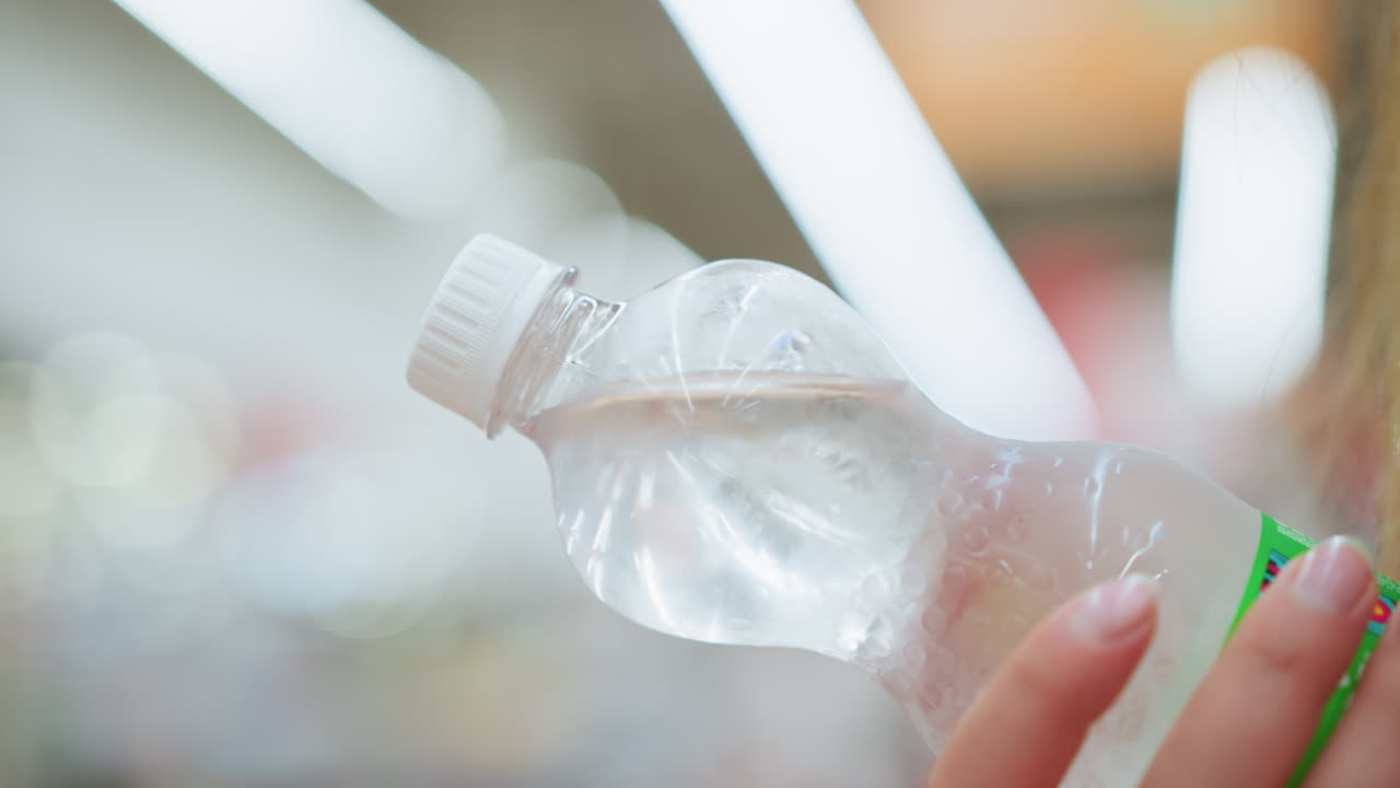 빛이 좋은 쇼핑몰에서 냉각 된 병을 들고있는 여자가 표면에 응축물이 눈에 띄고 있으며, 배경에는 다른 사람들이 돌아다니고, 흐릿하고, 병은 고 차갑습니다.