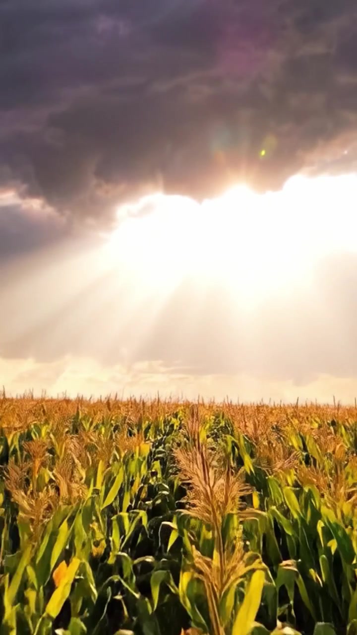 A Majestic Cornfield Under Dramatic Skies: Rays of Sunshine Break Through Clouds, Illuminating the Golden Corn Stalks and Creating a Breathtaking Natural Scene