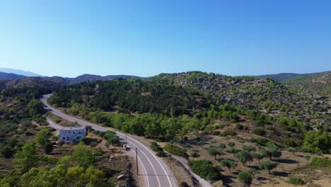 über-Der-Straße-Und-Grüner-Wald-In-Rhodos-Mit-Meer-Im-Hintergrund-In-Griechenland-Während-Des-Sommers,-Gefilmt-Mit-Der-Drohne-In-4k