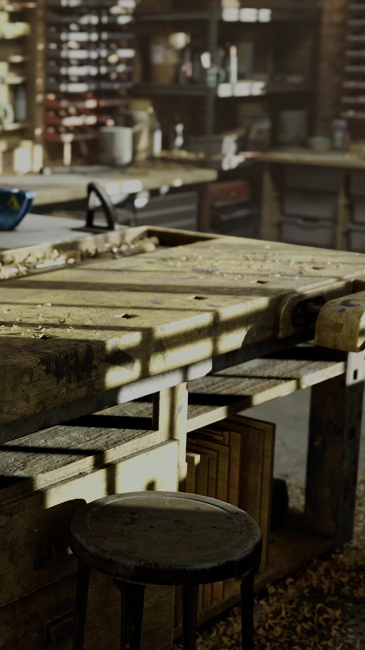 Woodworking table with tools and wood shavings in a workshop space