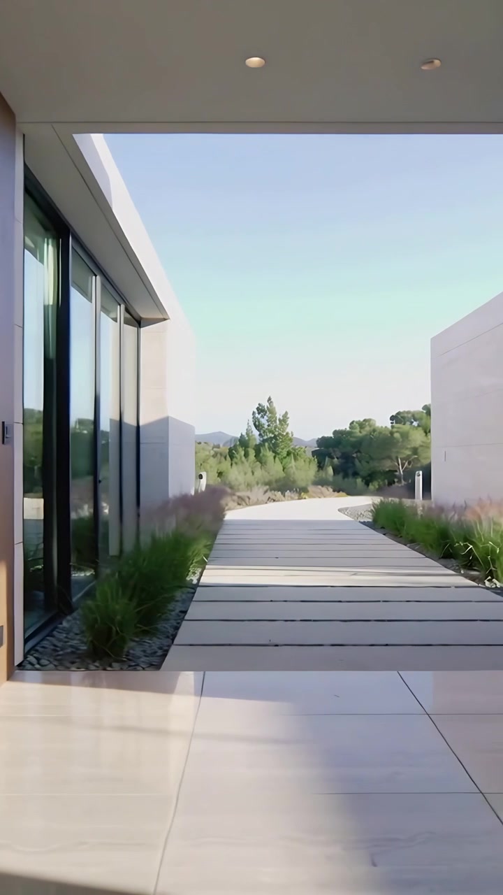 Video verticale: La telecamera si muove in panoramica rivelando una parete in legno e una porta a vetri all'ingresso, per mostrare il sentiero del giardino.