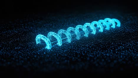 a stunning visualization of a digital helix form created with glowing particles in a dark space, radiating energy and complexity through intricate patterns