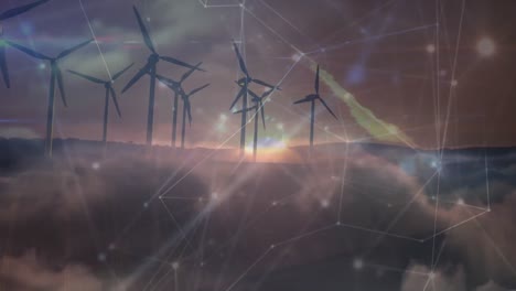 animación de la red de conexiones sobre molinos de viento giratorios contra nubes en el cielo