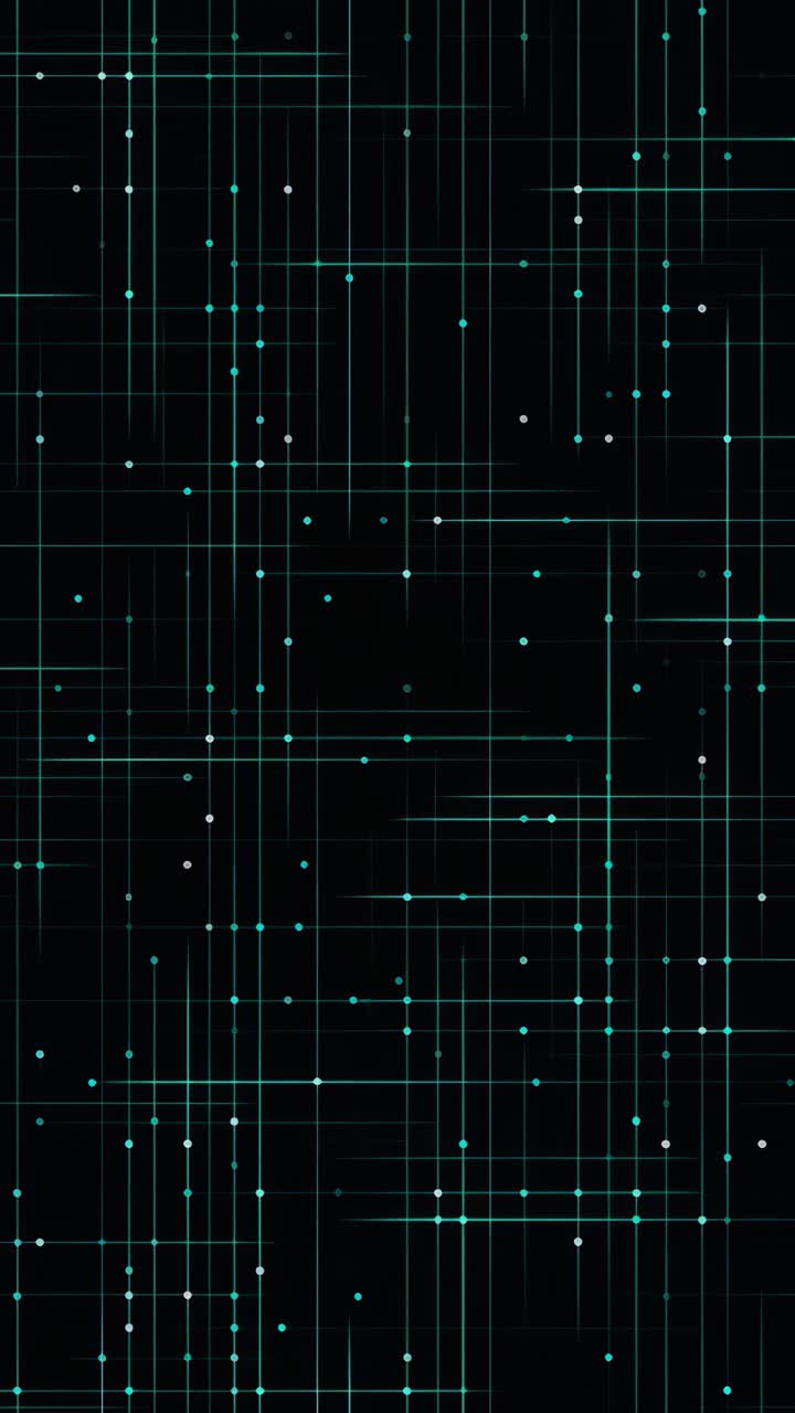 Futuristic digital grid with glowing lines and dots on a black background, viewed from a top-down