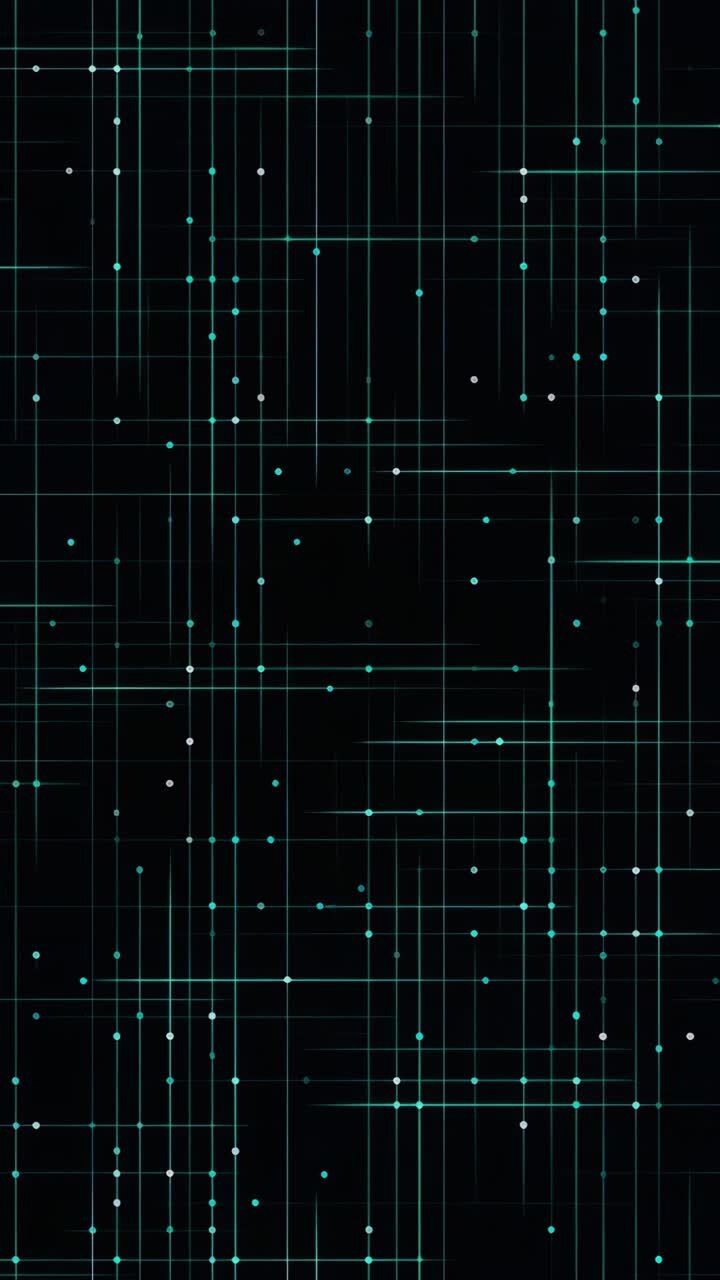 Griglia digitale futuristica con linee e punti luminosi su sfondo nero, vista dall'alto