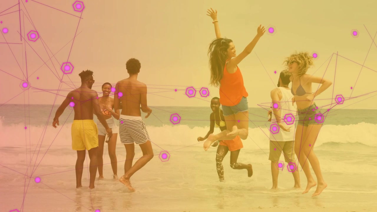 7 travelers dancing at shore, woman in orange stepping starting jumps leaving magenta nodes fixed