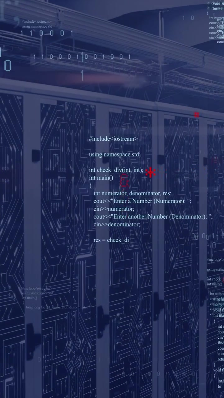 Vertical video: Code appearing on server racks, scrolling binary and flashing markers, showing data