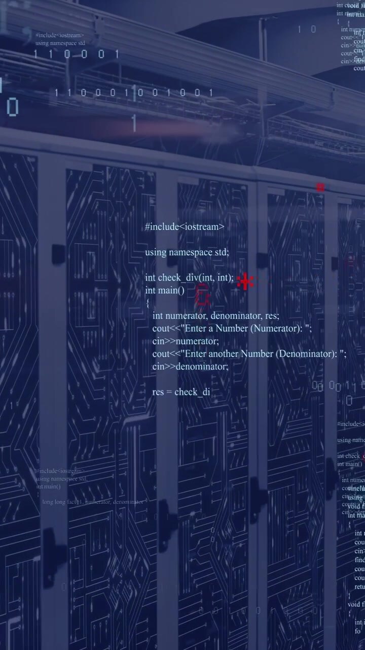 Vertical video: Code appearing on server racks, scrolling binary and flashing markers, showing data