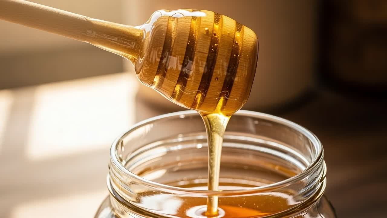 Un primo piano di miele che cola da un mestolo di legno in un barattolo, catturando la ricchezza dorata, la consistenza e la dolcezza del miele naturale.