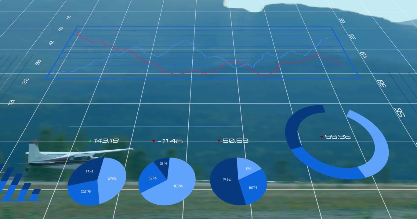 Animation of infographic interface over airplane landing on runway