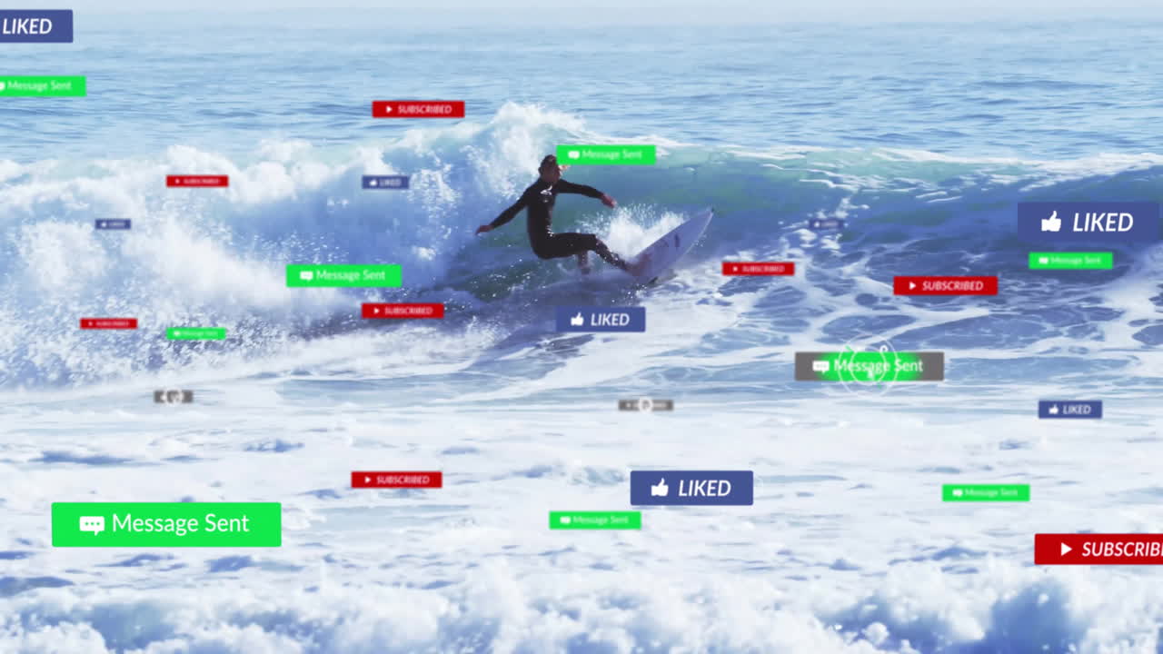 Animation of surfer riding wave with social media notifications in ocean scene