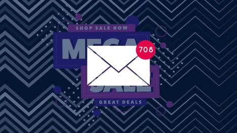 Message-icon-with-increasing-numbers-over-mega-sale-text-banner-against-chevronn-pattern-background