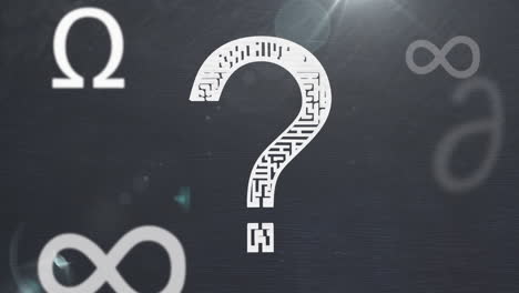 question mark and mathematical symbols against spot of light on grey background