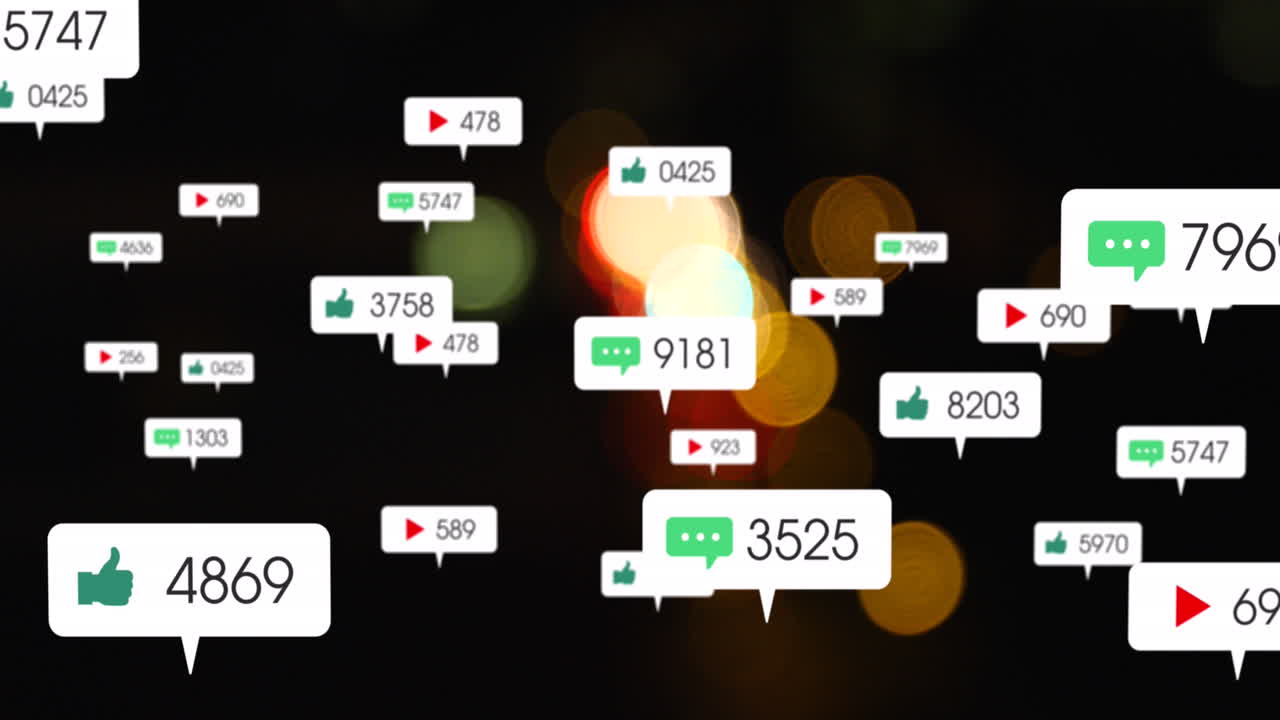 소셜 미디어 아이콘과 숫자의 애니메이션이 초점을 맞추지 않는 교통 신호등