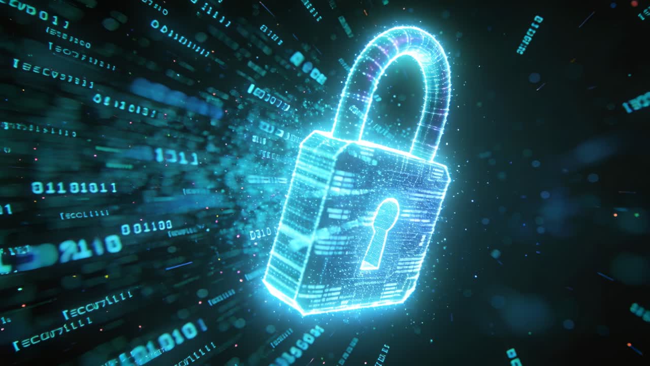 Holographic padlock rotating from binary streams, pulsing and emitting sparks, protecting data