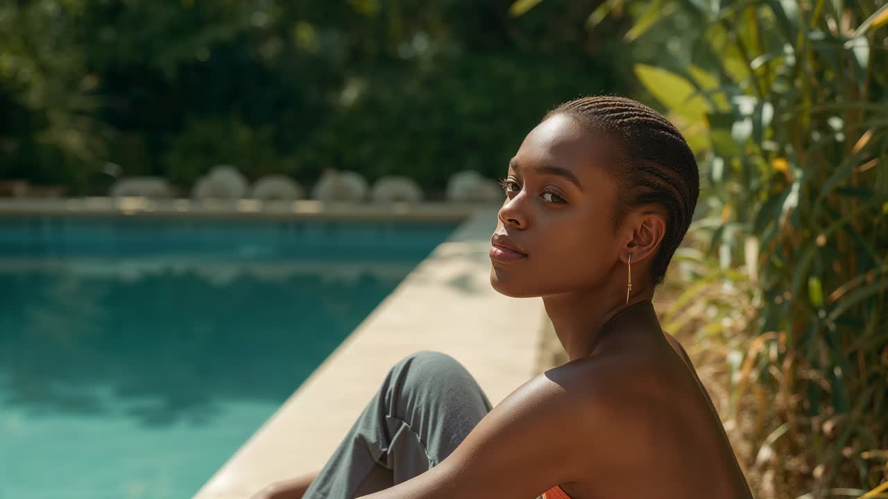 Mulher de olhos fechados e tranças nagô se virando para plantas em uma piscina para reflexão, vestindo blusa laranja, espaço para texto
