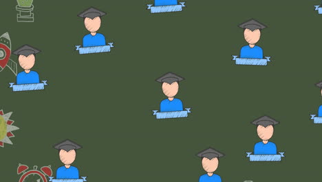 animation of repeated student icons moving over green chalkboard with drawings in chalk