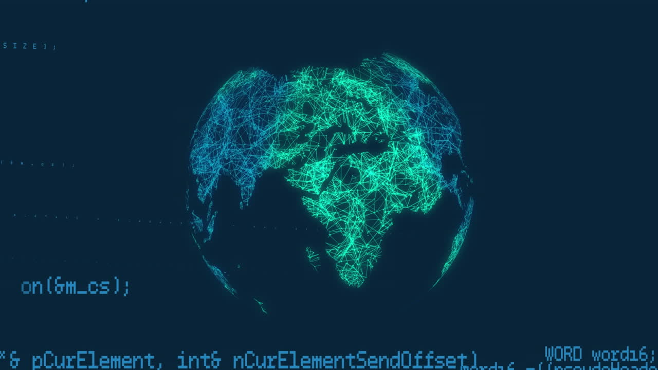 Animation of computer language over illuminated rotating globe on black background