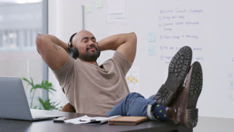 relaxed office worker listening to music