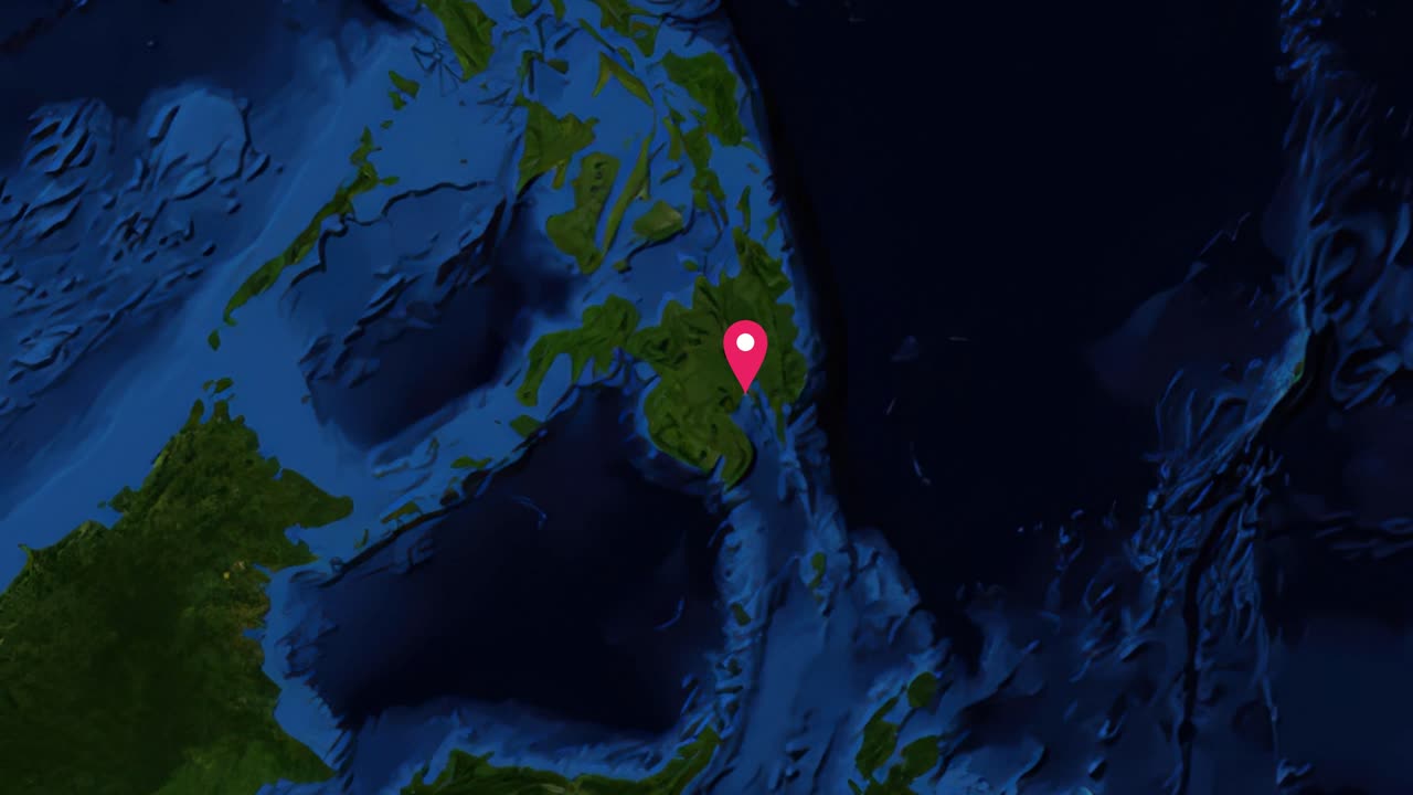 A 2D satellite map zooms from a global view into Davao City, Philippines with coordinates