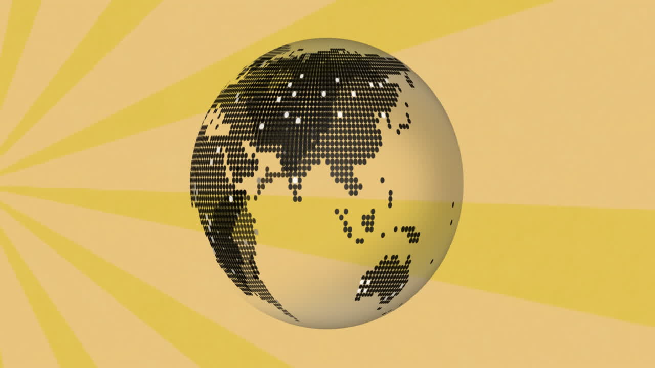 Stylized dotted globe showing Eurasia and Australia, featuring halftone dots sunburst background